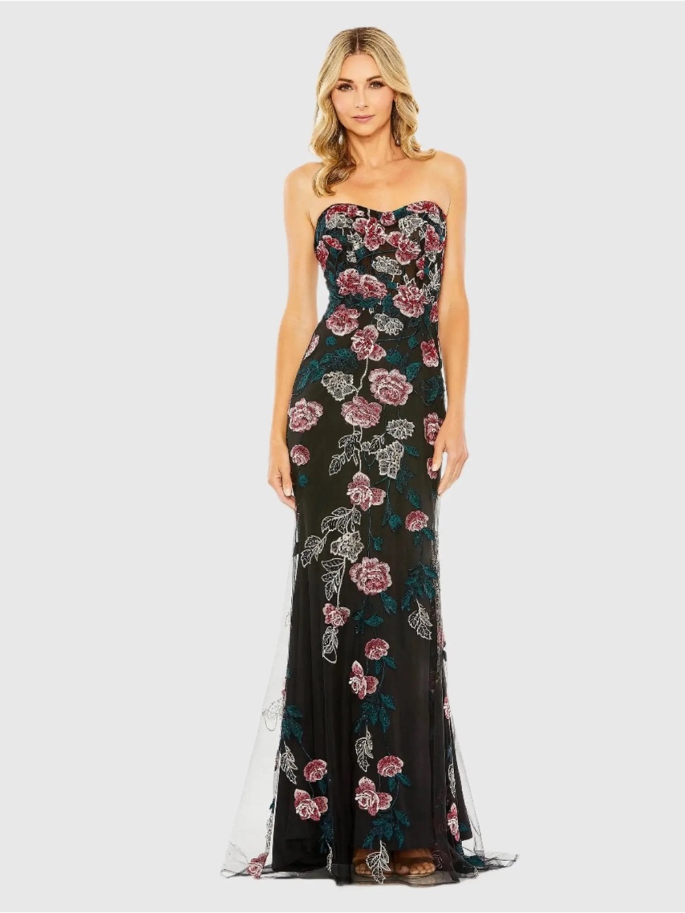 MAC DUGGAL Black Floral Embroidered Strapless Gown